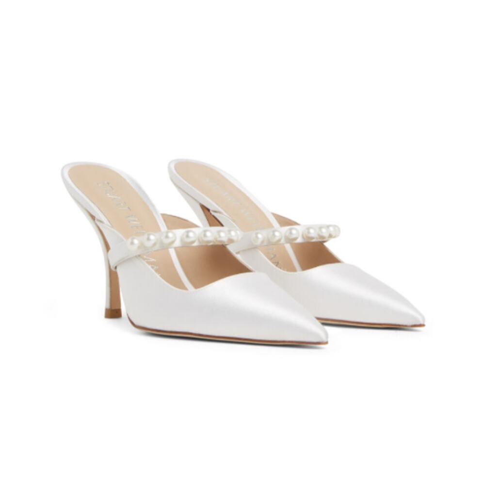 Stuart Weitzman Women's White Satin Goldie 100 Mule Pearl Strap Heels Size 7.5 B